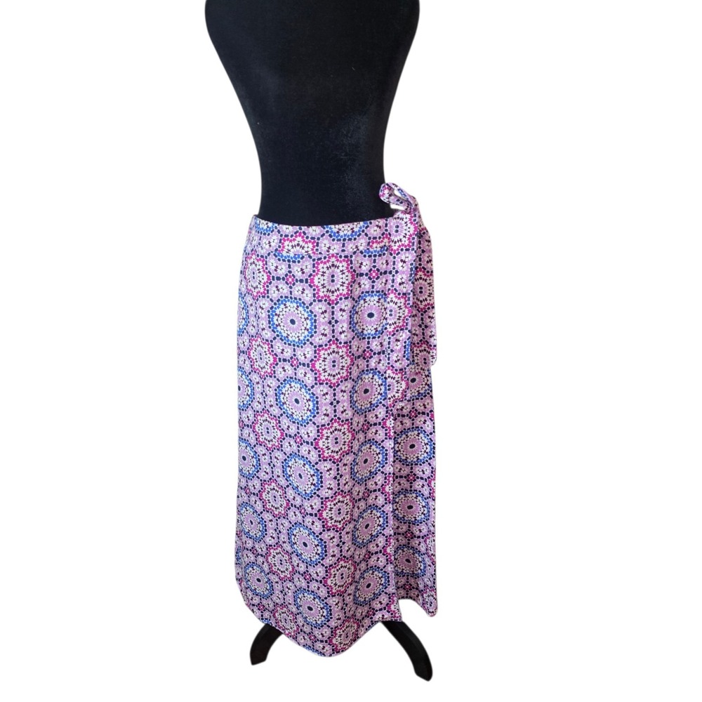 LOFT Linen Blend Wrap Midi Skirt Women 8 Boho Geometric Tie Waist Pink Blue - Picture 2 of 11